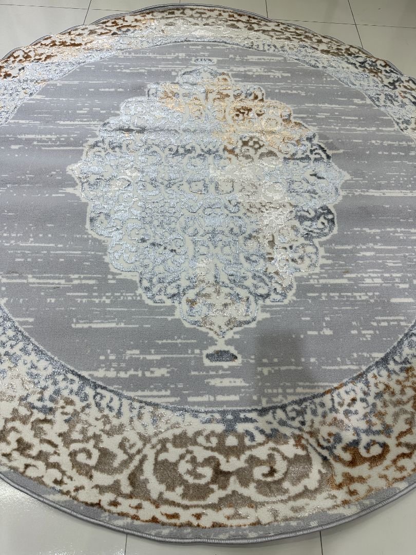 Silver Ottoman Halo Premium Turkish 3D Shiny Medallion Round Rug – Grey & Ivory, 200 × 200 cm (6.5 × 6.5 ft) - Image 4