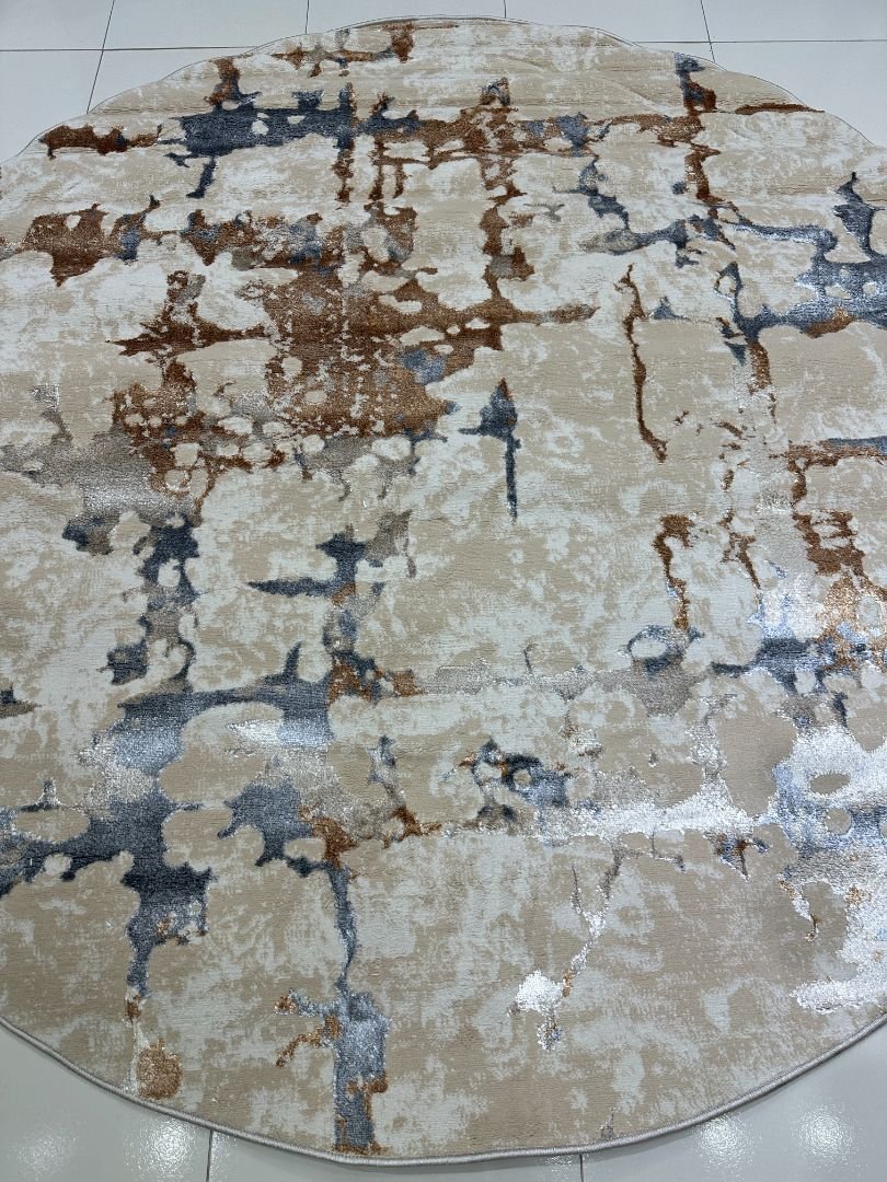 Champagne Marble Premium Turkish 3D Shiny Abstract Round Rug – Beige & Ivory, 200 × 200 cm (6.5 × 6.5 ft)