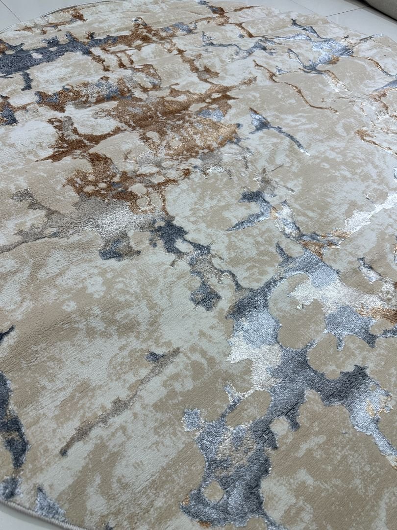 Champagne Marble Premium Turkish 3D Shiny Abstract Round Rug – Beige & Ivory, 200 × 200 cm (6.5 × 6.5 ft) - Image 2
