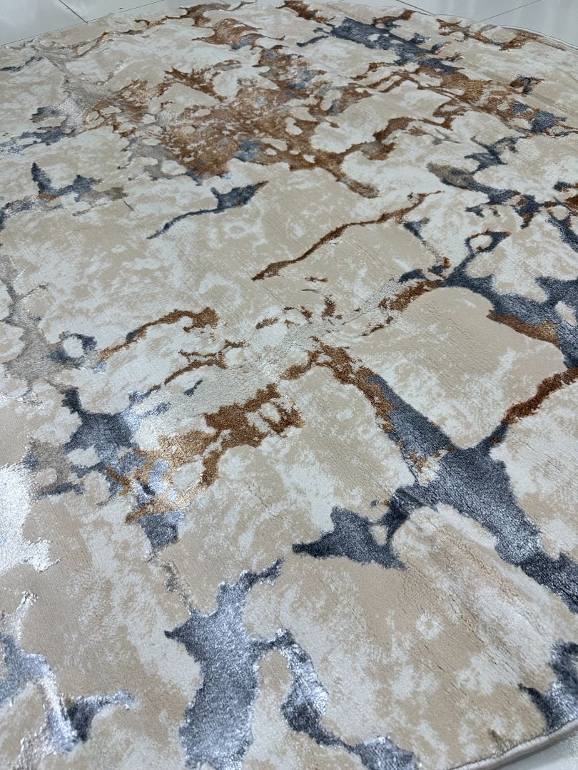 Champagne Marble Premium Turkish 3D Shiny Abstract Round Rug – Beige & Ivory, 200 × 200 cm (6.5 × 6.5 ft) - Image 3