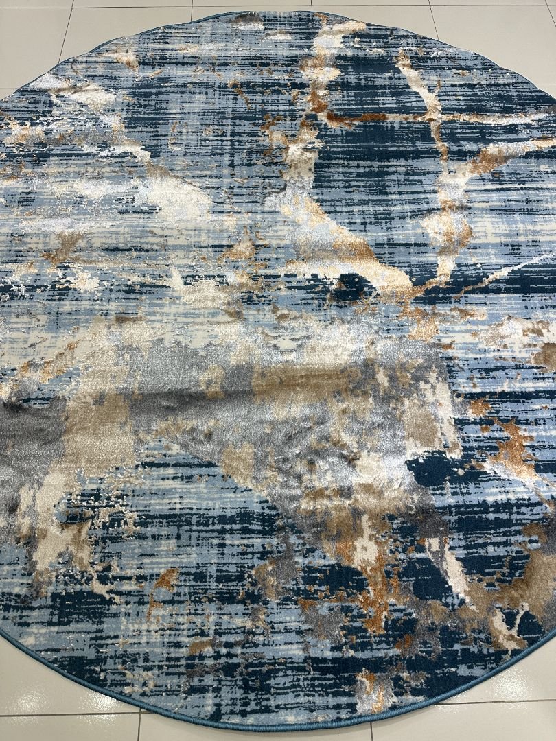 Sapphire Marble Premium Turkish 3D Shiny Abstract Round Rug – Deep Blue & Gold, 200 × 200 cm (6.5 × 6.5 ft)