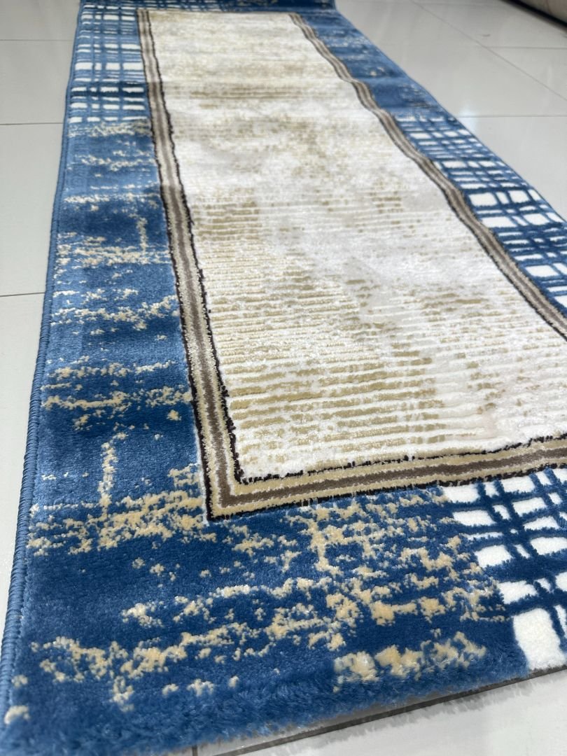 Azure Grid Premium Turkish Abstract Runner Rug – Blue & Ivory, 60 × 150 cm (2 × 4.9 ft) - Image 4