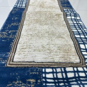 Azure Grid Premium Turkish Abstract Runner Rug – Blue & Ivory, 60 × 150 cm (2 × 4.9 ft)
