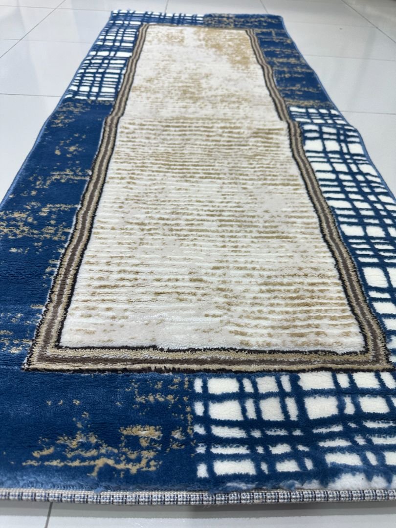 Azure Grid Premium Turkish Abstract Runner Rug – Blue & Ivory, 60 × 150 cm (2 × 4.9 ft)