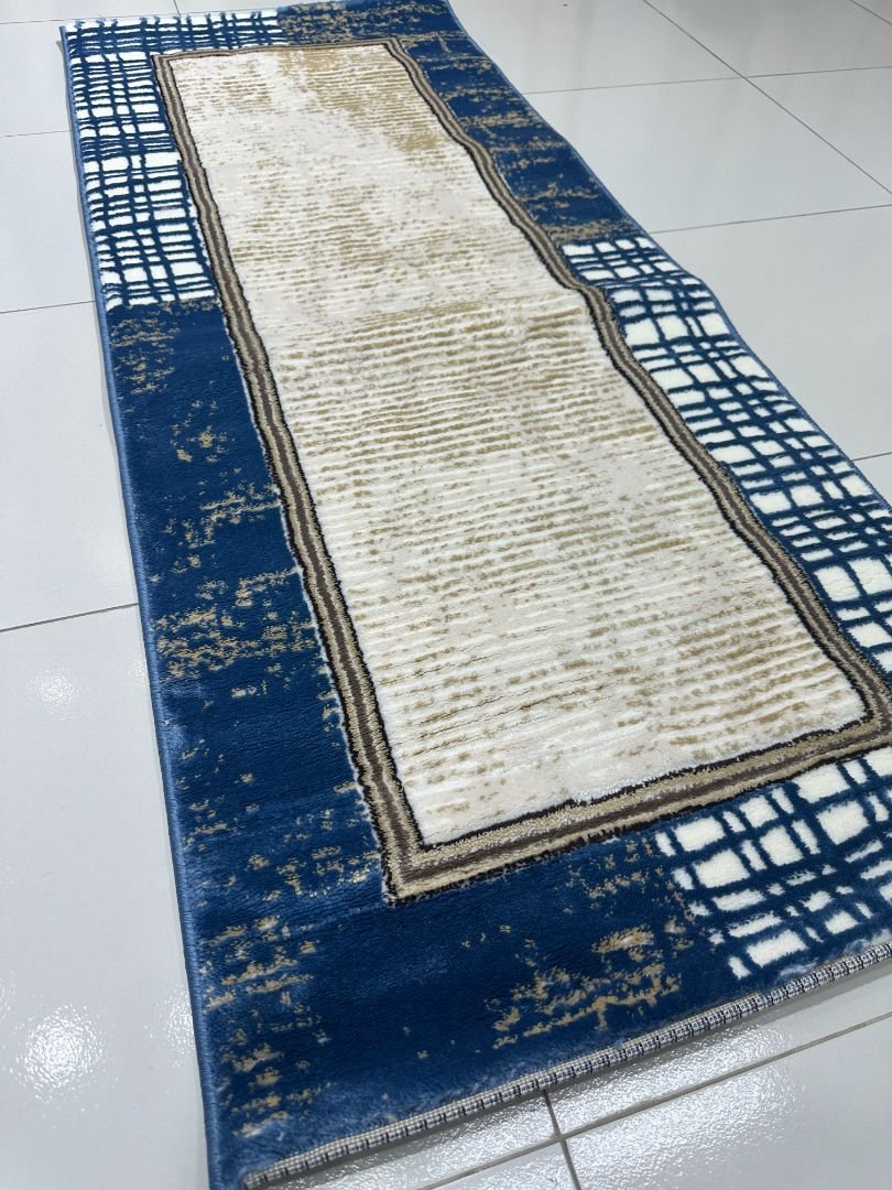 Azure Grid Premium Turkish Abstract Runner Rug – Blue & Ivory, 60 × 150 cm (2 × 4.9 ft) - Image 6