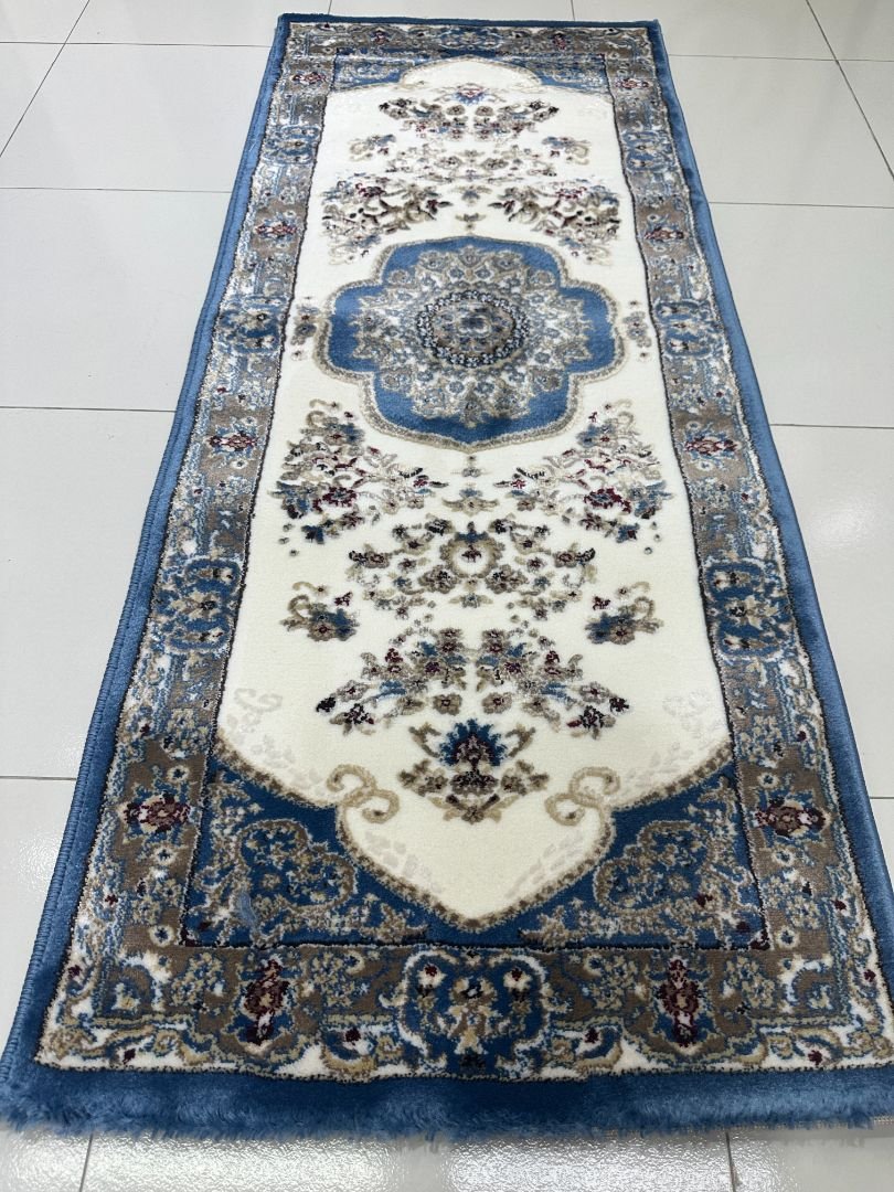 Royal Camellia Premium Turkish Floral Medallion Runner Rug – Blue & Ivory, 60 × 150 cm (2 × 4.9 ft)