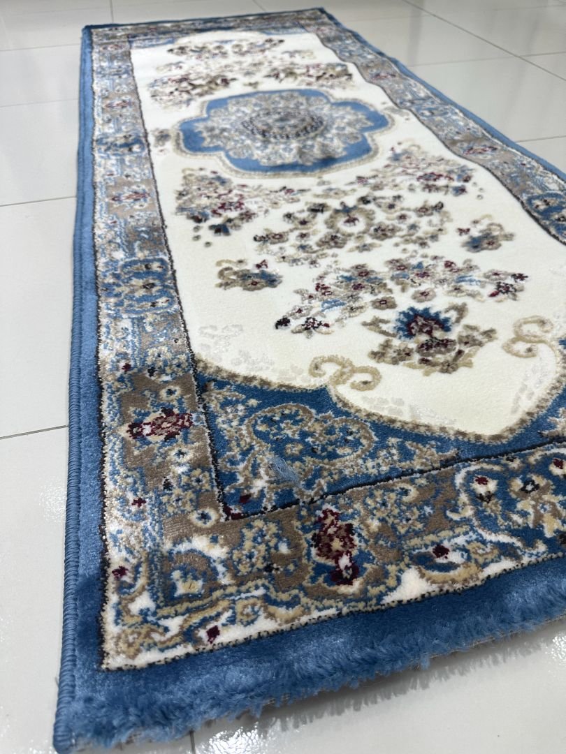 Royal Camellia Premium Turkish Floral Medallion Runner Rug – Blue & Ivory, 60 × 150 cm (2 × 4.9 ft) - Image 2
