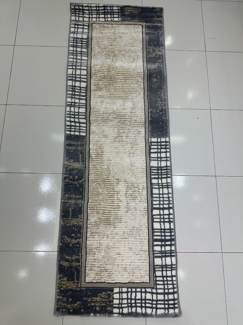 Silver Grid Premium Turkish Abstract Runner Rug – Grey & Ivory, 60 × 180 cm (2 × 5.9 ft) - Image 2