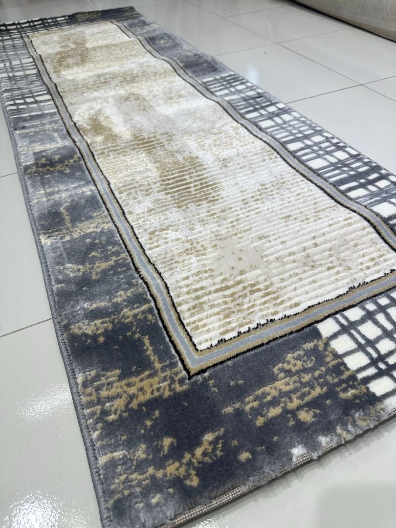 Silver Grid Premium Turkish Abstract Runner Rug – Grey & Ivory, 60 × 180 cm (2 × 5.9 ft) - Image 3