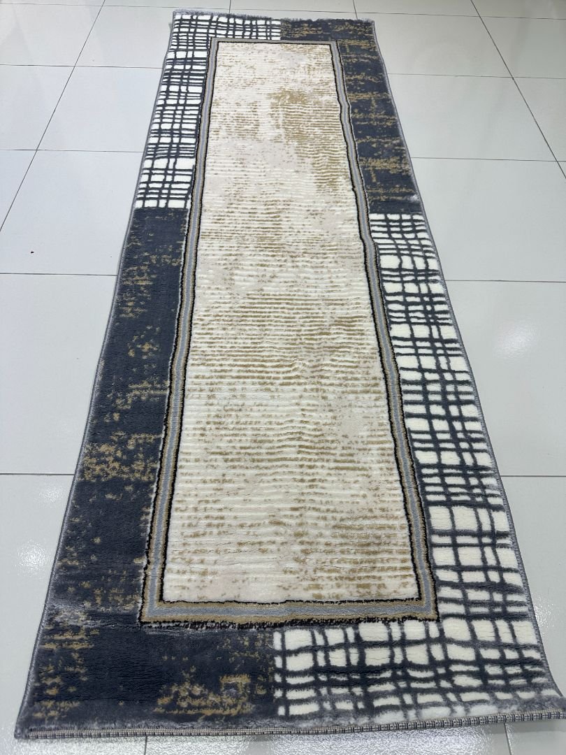 Silver Grid Premium Turkish Abstract Runner Rug – Grey & Ivory, 60 × 180 cm (2 × 5.9 ft)