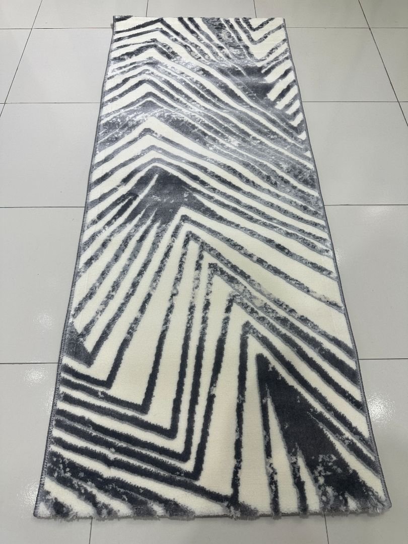 Silver Strata Premium Turkish Geometric Runner Rug – Grey & Ivory, 60 × 150 cm (2 × 4.9 ft)