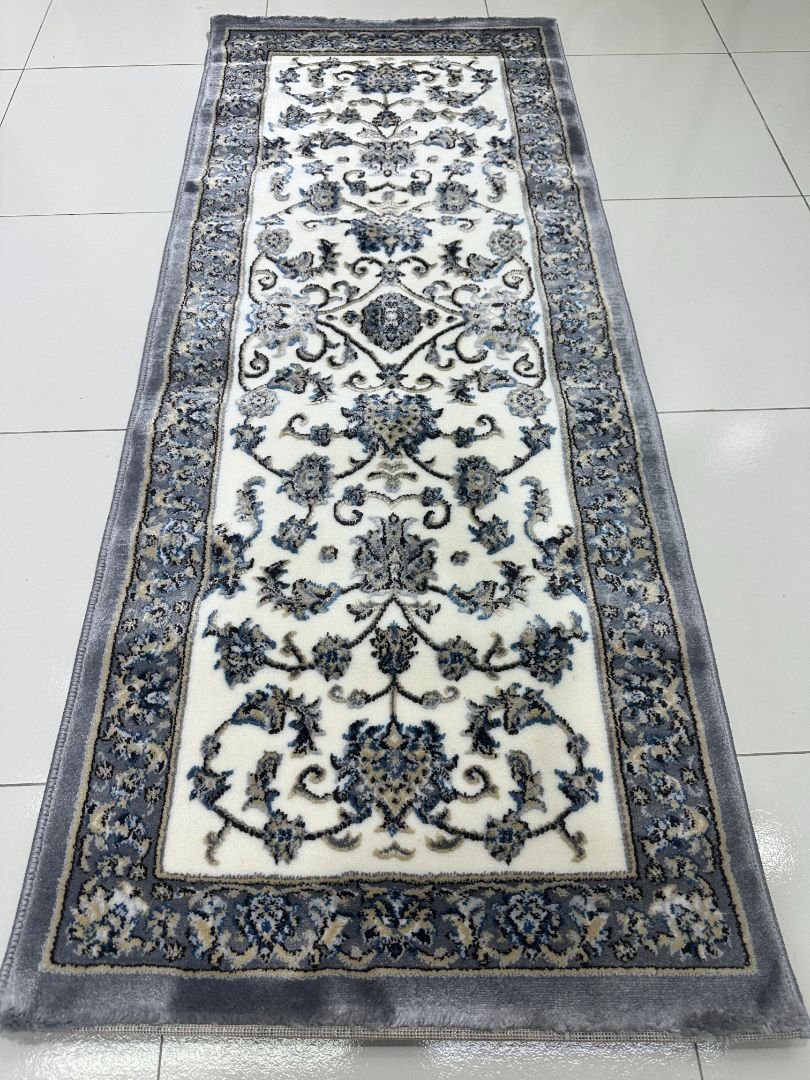 Silver Arabesque Premium Turkish Floral Runner Rug – Grey & Ivory, 60 × 150 cm (2 × 4.9 ft)