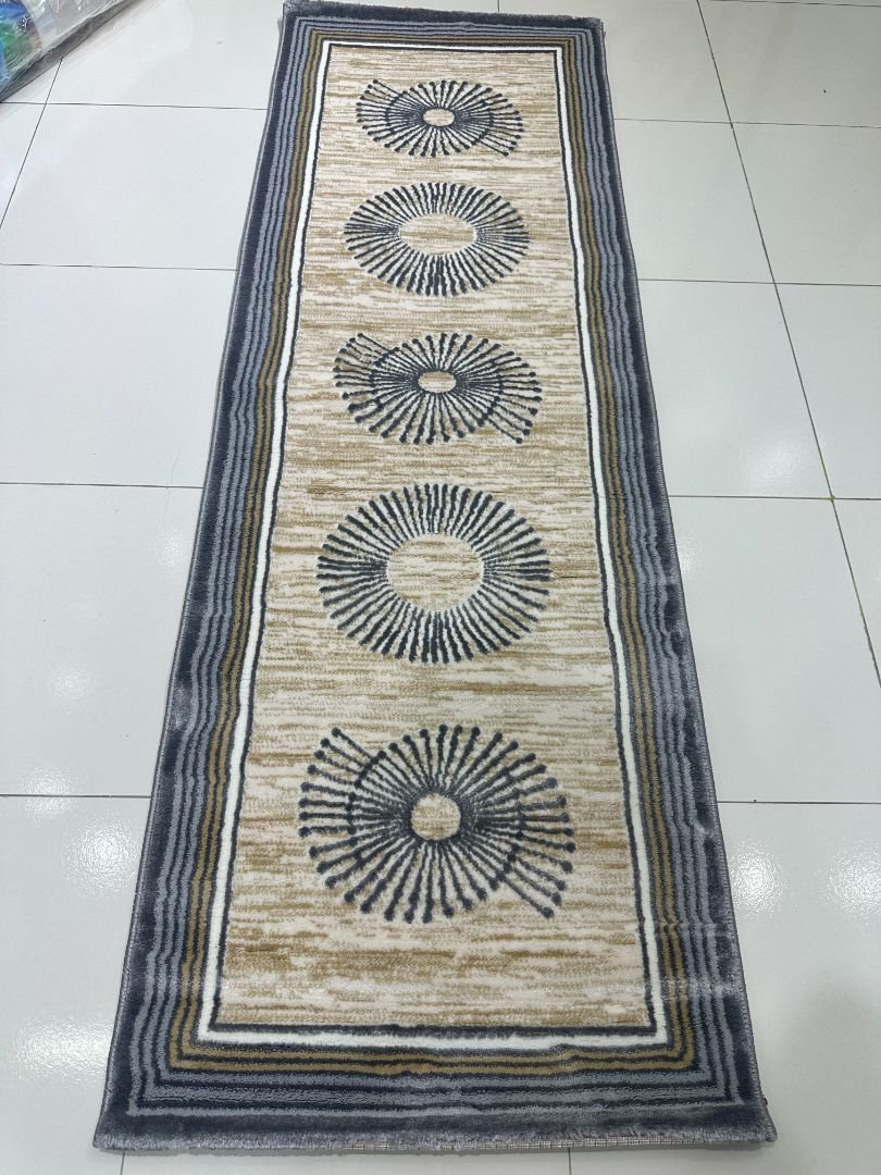 Lunar Halo Premium Turkish Geometric Runner Rug – Grey, Beige & Ivory, 60 × 180 cm (2 × 5.9 ft)