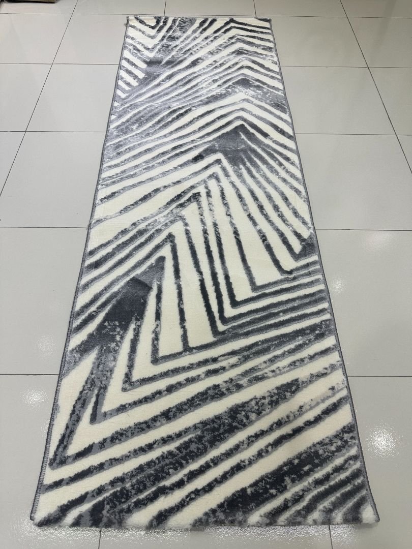 Silver Vortex Premium Turkish Abstract Geometric Runner Rug – Grey & Ivory, 60 × 180 cm (2 × 5.9 ft)