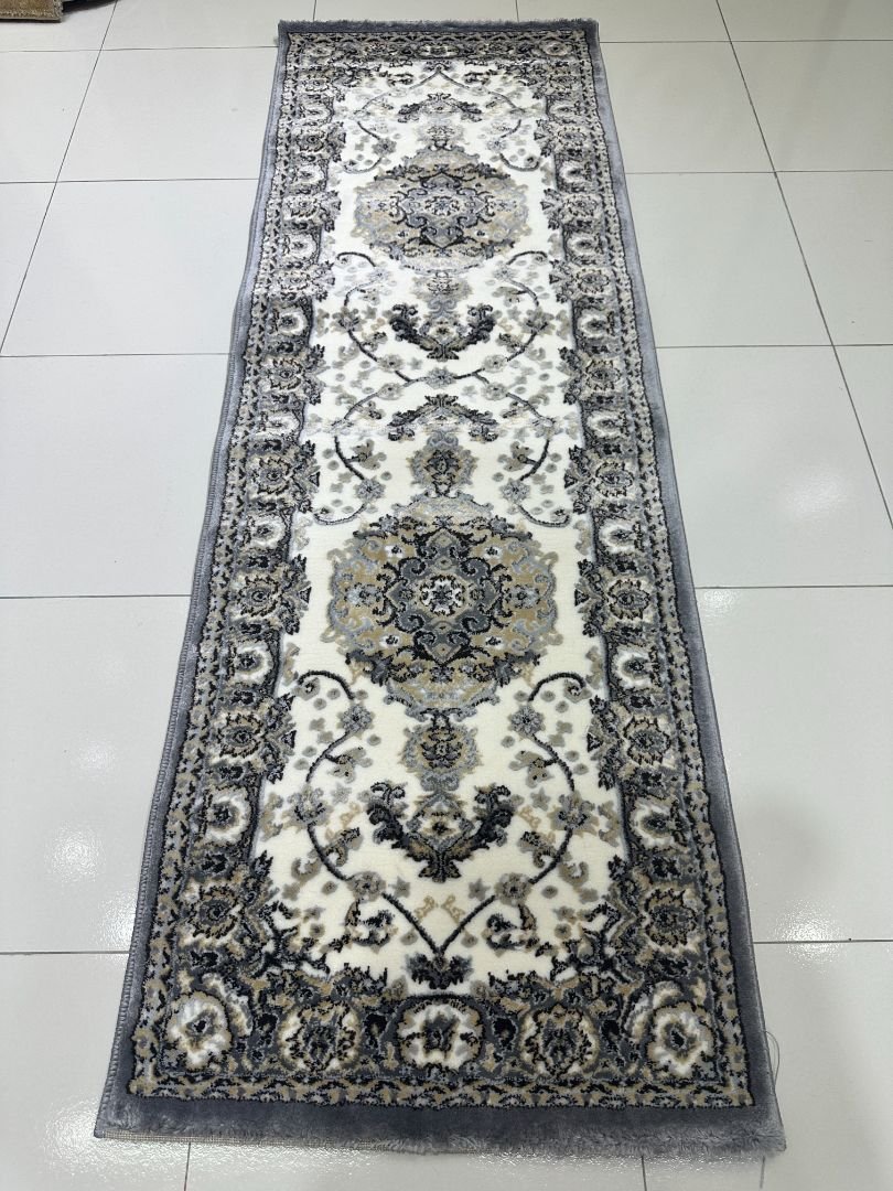 Silver Qasr Premium Turkish Double-Medallion Runner Rug – Grey & Ivory, 60 × 180 cm (2 × 5.9 ft)