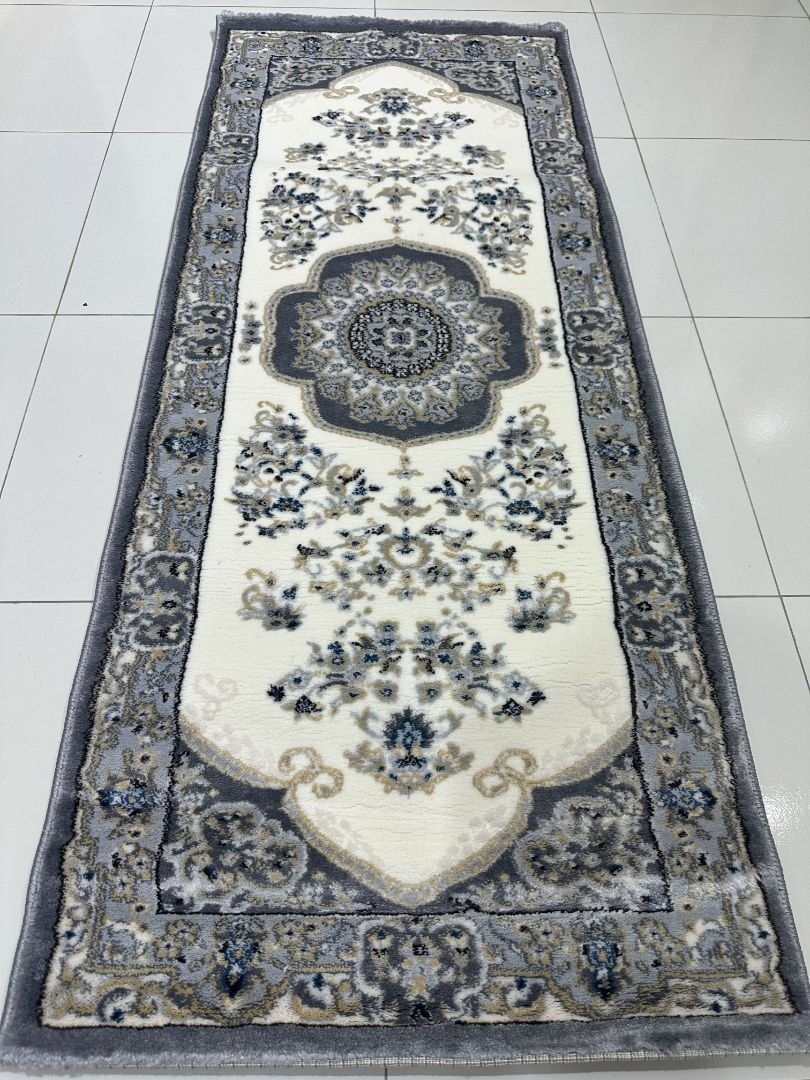 Silver Rosette Premium Turkish Traditional Medallion Runner Rug – Grey & Ivory, 60 × 150 cm (2 × 4.9 ft)