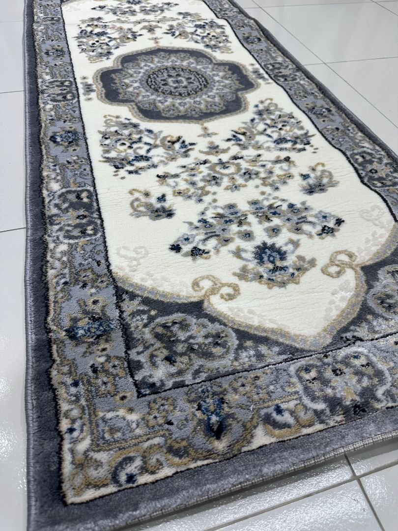 Silver Rosette Premium Turkish Traditional Medallion Runner Rug – Grey & Ivory, 60 × 150 cm (2 × 4.9 ft) - Image 2