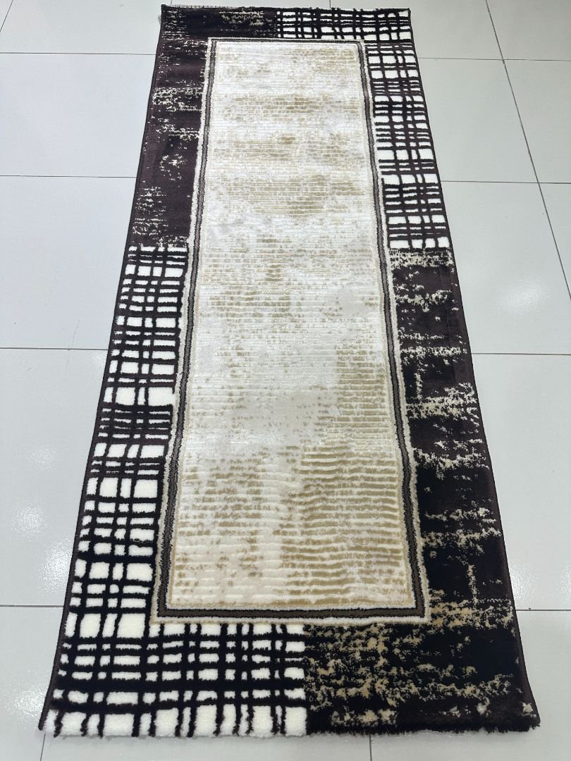 Mocha Frame Premium Turkish Modern Geometric Runner Rug – Brown, Beige & Ivory, 60 × 150 cm (2 × 4.9 ft)
