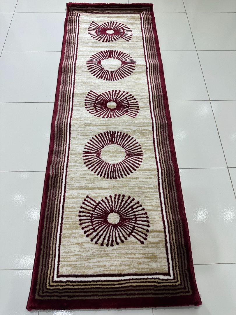 Ruby Orbit Premium Turkish Geometric Runner Rug – Maroon, Beige & Ivory, 60 × 150 cm (2 × 4.9 ft)