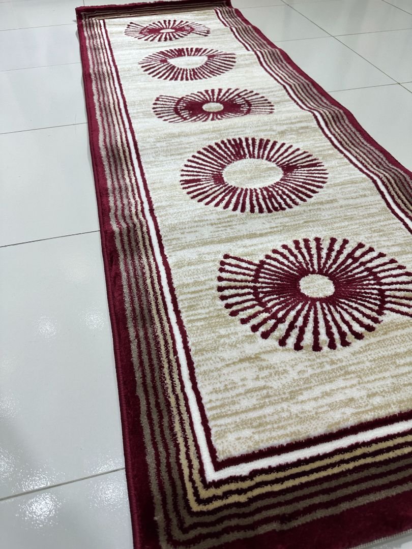 Ruby Orbit Premium Turkish Geometric Runner Rug – Maroon, Beige & Ivory, 60 × 150 cm (2 × 4.9 ft) - Image 2