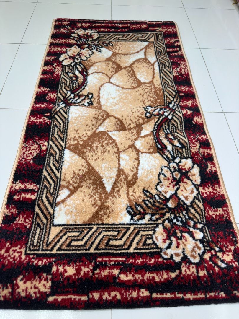 Crimson Mosaic Bangladeshi Entryway Rug – Beige & Maroon Floral Door Mat Carpet, 2 × 4 ft, 10mm