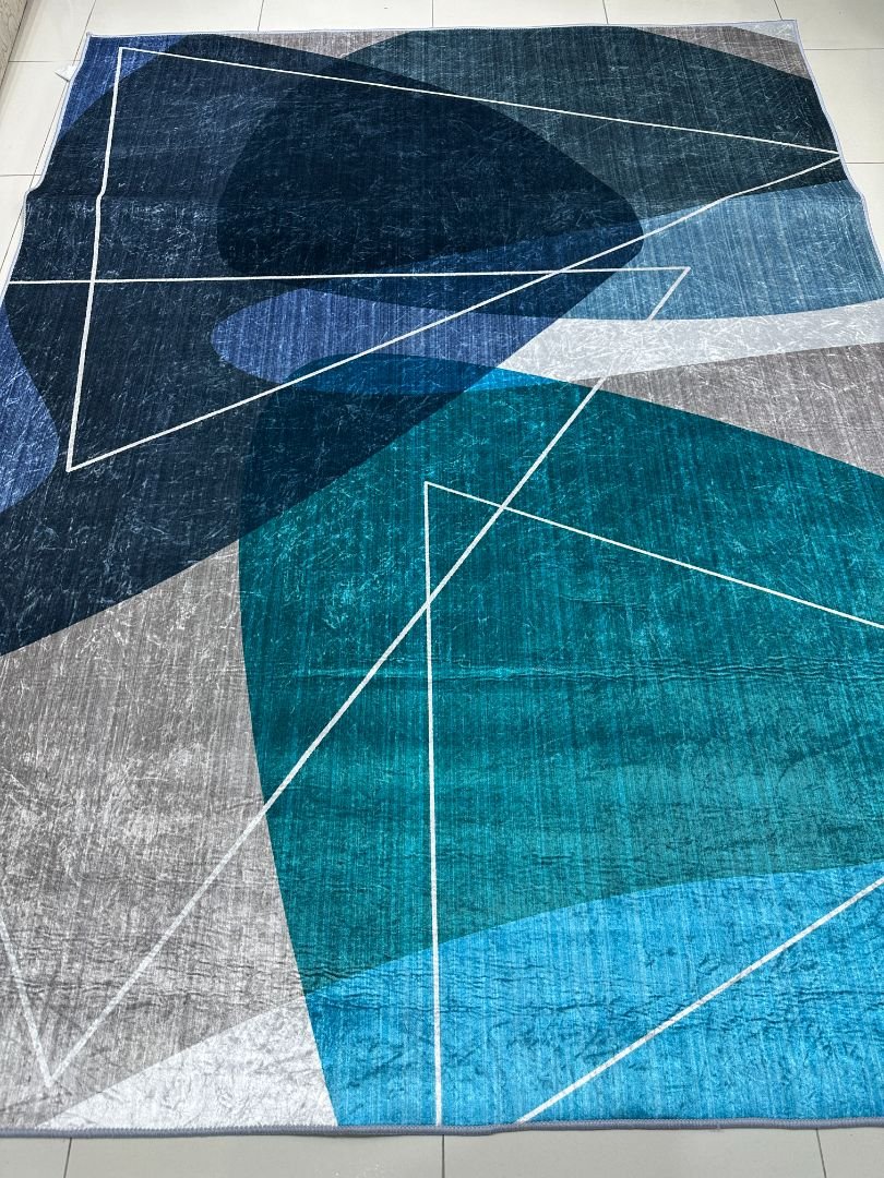 5×7 ft Modern Abstract China Rug – Blue, Teal & Grey Lightweight Polyester No-Pile Carpet