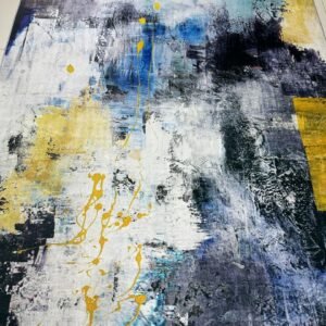 5×7 ft Modern Abstract China Rug – Blue, Grey & Mustard Lightweight Low-Pile Polyester Carpet