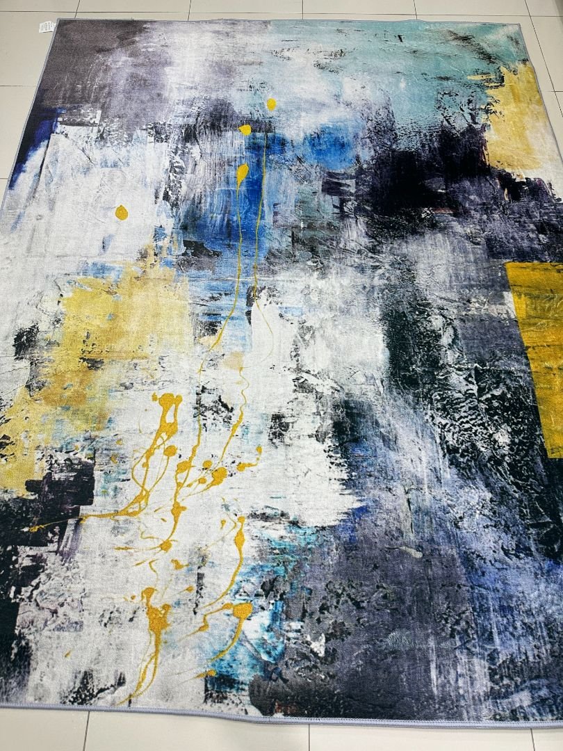 5×7 ft Modern Abstract China Rug – Blue, Grey & Mustard Lightweight Low-Pile Polyester Carpet