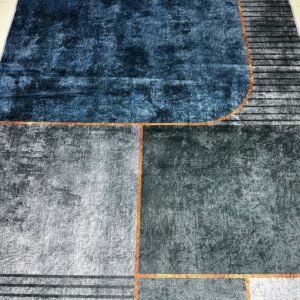 Modern Geometric China Rug – Navy, Grey & Orange Lightweight No-Pile Polyester Carpet