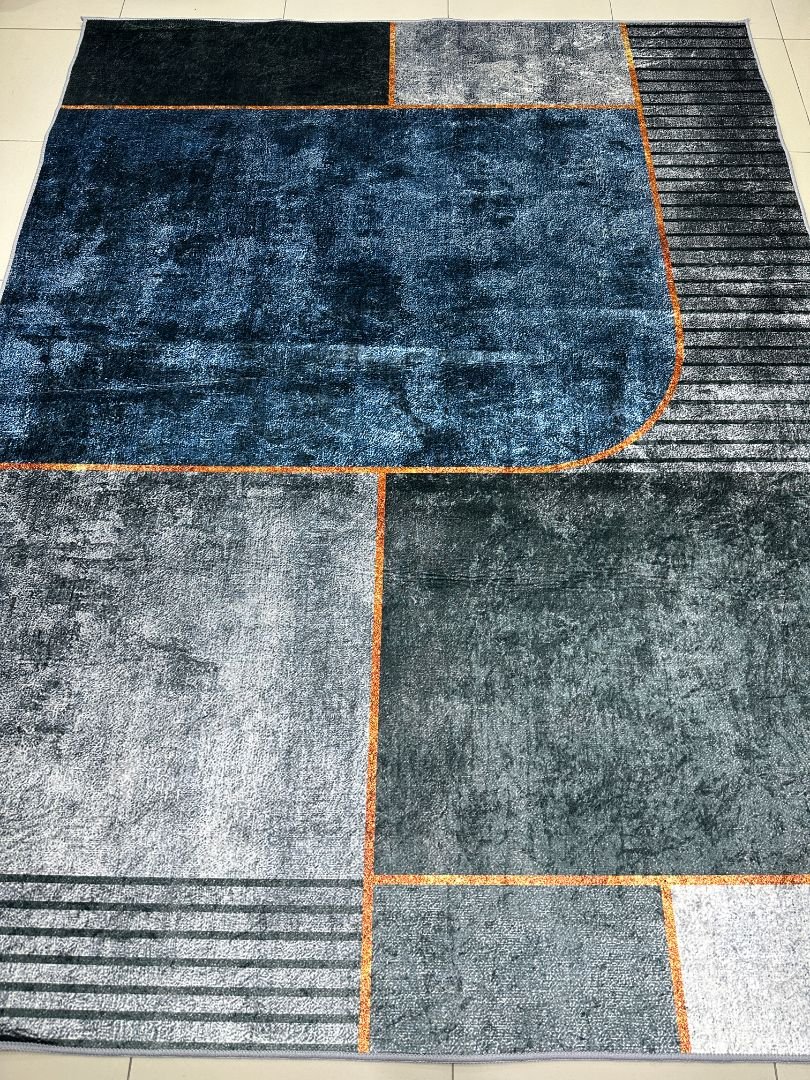 Modern Geometric China Rug – Navy, Grey & Orange Lightweight No-Pile Polyester Carpet
