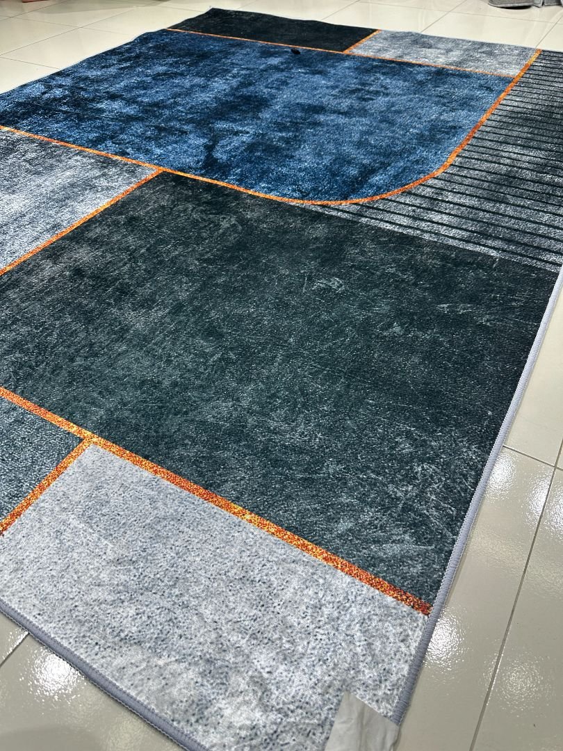 Modern Geometric China Rug – Navy, Grey & Orange Lightweight No-Pile Polyester Carpet - Image 2