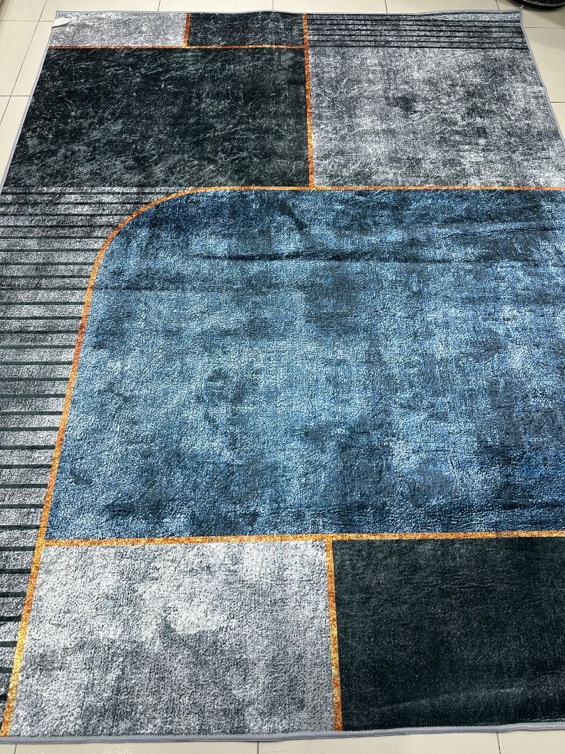 Modern Geometric China Rug – Navy, Grey & Orange Lightweight No-Pile Polyester Carpet - Image 3