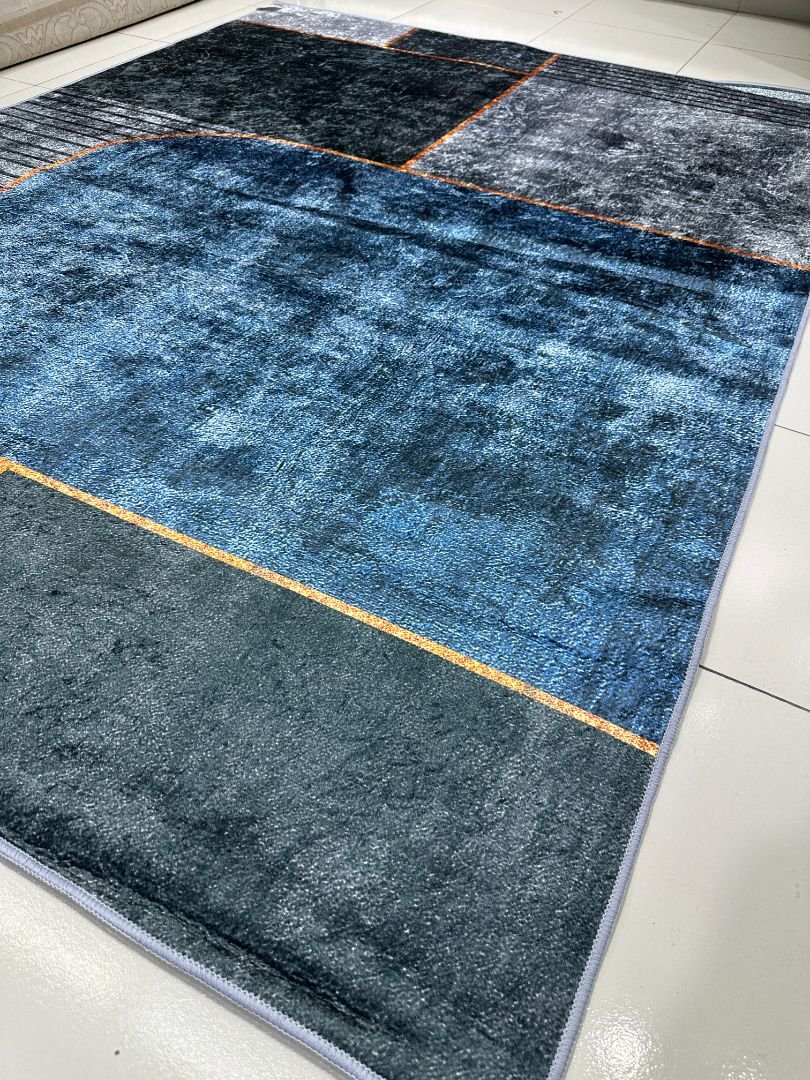Modern Geometric China Rug – Navy, Grey & Orange Lightweight No-Pile Polyester Carpet - Image 4