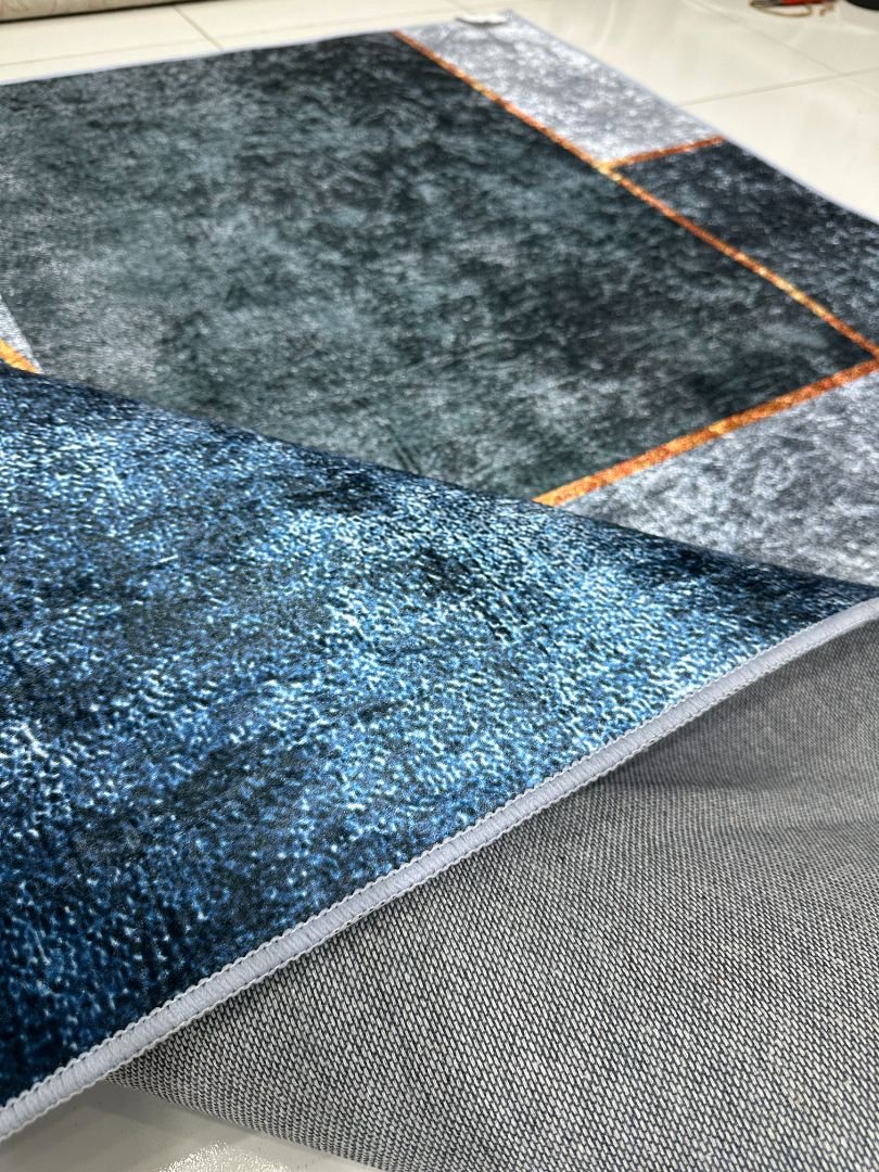 Modern Geometric China Rug – Navy, Grey & Orange Lightweight No-Pile Polyester Carpet - Image 5