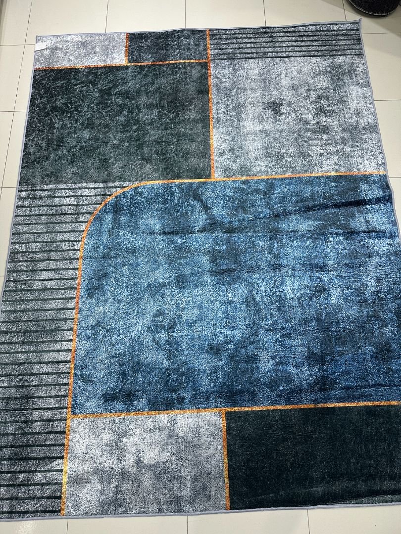 Modern Geometric China Rug – Navy, Grey & Orange Lightweight No-Pile Polyester Carpet - Image 6
