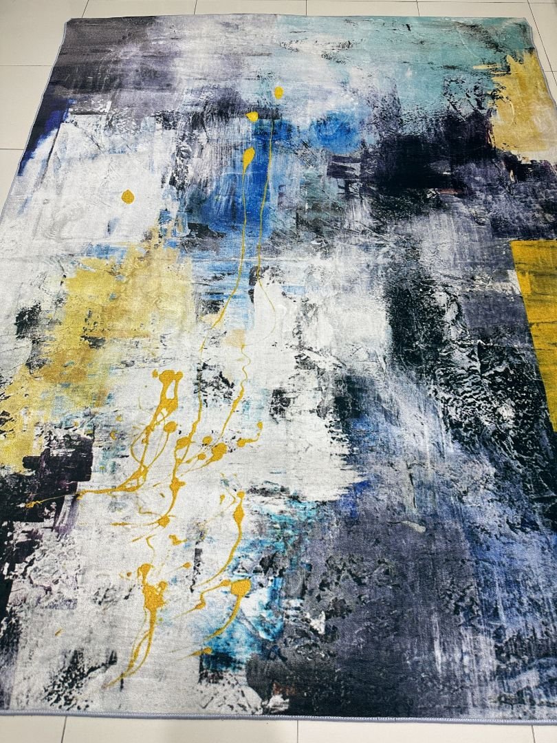 Azure Gold Canvas Soft Abstract China Rug – Blue, Grey & Mustard, 4 × 6 ft | Lightweight 8mm Carpet