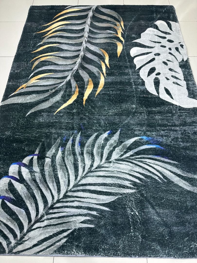 Midnight Tropica Soft Botanical Polyester Rug – Black, Silver & Gold, 4 × 6 ft | 10mm Carpet with Cotton Backing