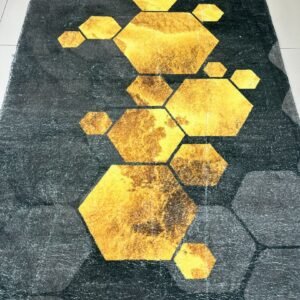 Golden Hive Modern Geometric China Rug – Black, Grey & Gold, 4 × 6 ft | Lightweight 10mm Polyester Carpet