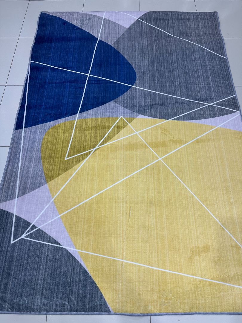 Nordic Motion Modern Abstract China Rug – Mustard, Navy & Grey, 4 × 6 ft | Lightweight 8mm Polyester Carpet