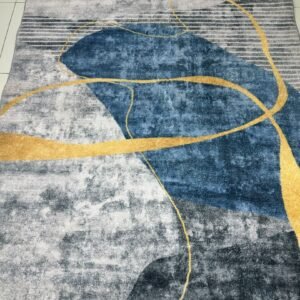 Azure Ribbon Soft Modern Abstract Rug – Blue, Grey & Gold, 4 × 6 ft | 8mm Polyester Carpet