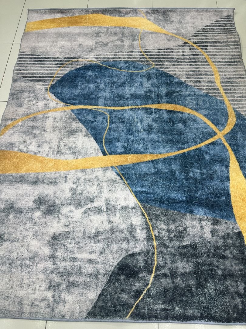Azure Ribbon Soft Modern Abstract Rug – Blue, Grey & Gold, 4 × 6 ft | 8mm Polyester Carpet