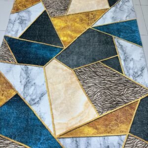 Sapphire Prism Soft Geometric China Rug – Teal, Gold & Grey, 4 × 6 ft | 10mm Polyester Carpet