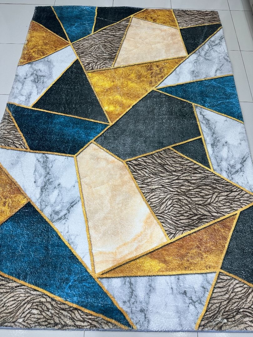 Sapphire Prism Soft Geometric China Rug – Teal, Gold & Grey, 4 × 6 ft | 10mm Polyester Carpet