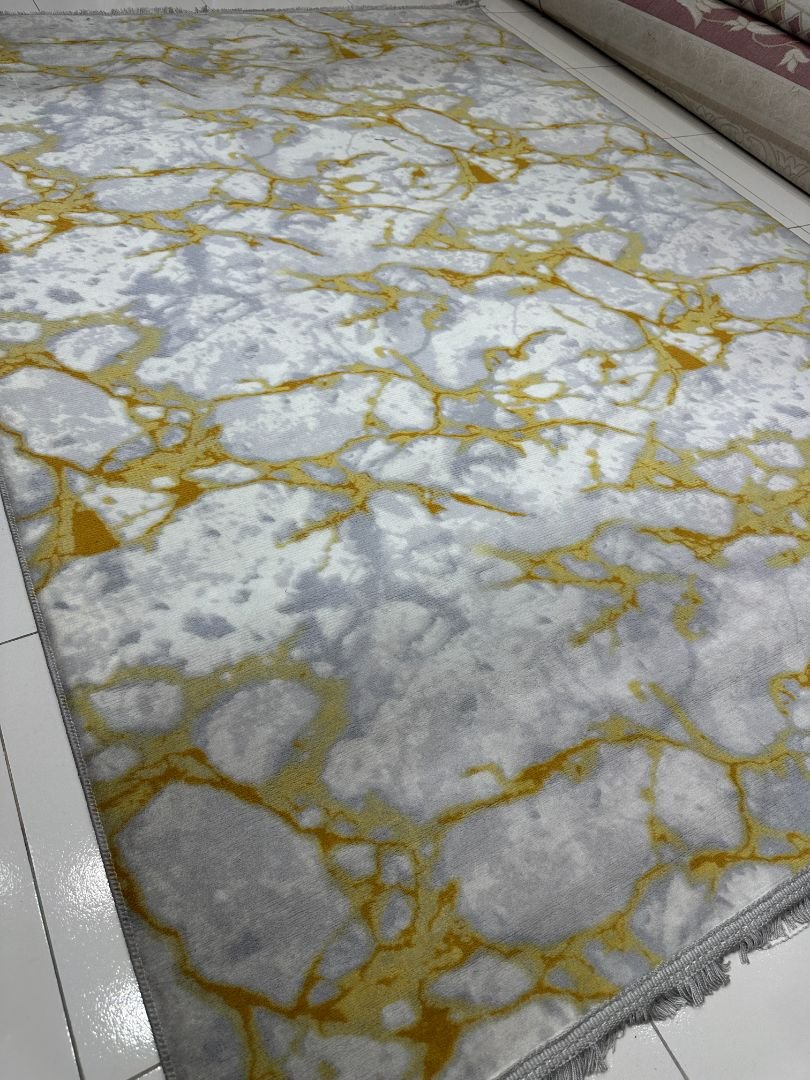 Golden Carrara Turkish Marble-Design Rug – Grey, Ivory & Gold, 5 × 7 ft | Lightweight No-Pile Anti-Slip Carpet - Image 2