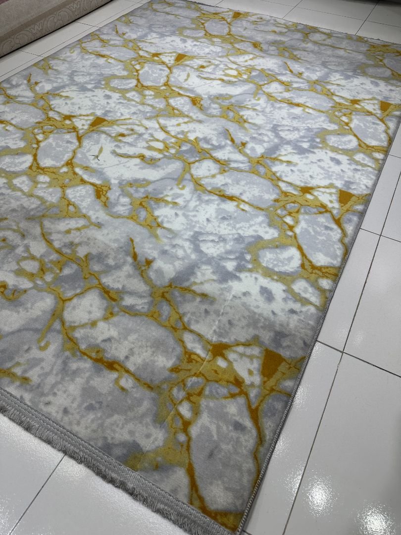 Golden Carrara Turkish Marble-Design Rug – Grey, Ivory & Gold, 5 × 7 ft | Lightweight No-Pile Anti-Slip Carpet - Image 3