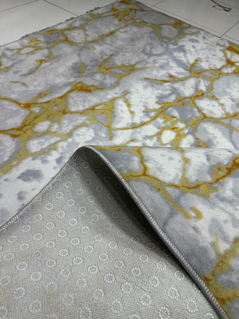 Golden Carrara Turkish Marble-Design Rug – Grey, Ivory & Gold, 5 × 7 ft | Lightweight No-Pile Anti-Slip Carpet - Image 5