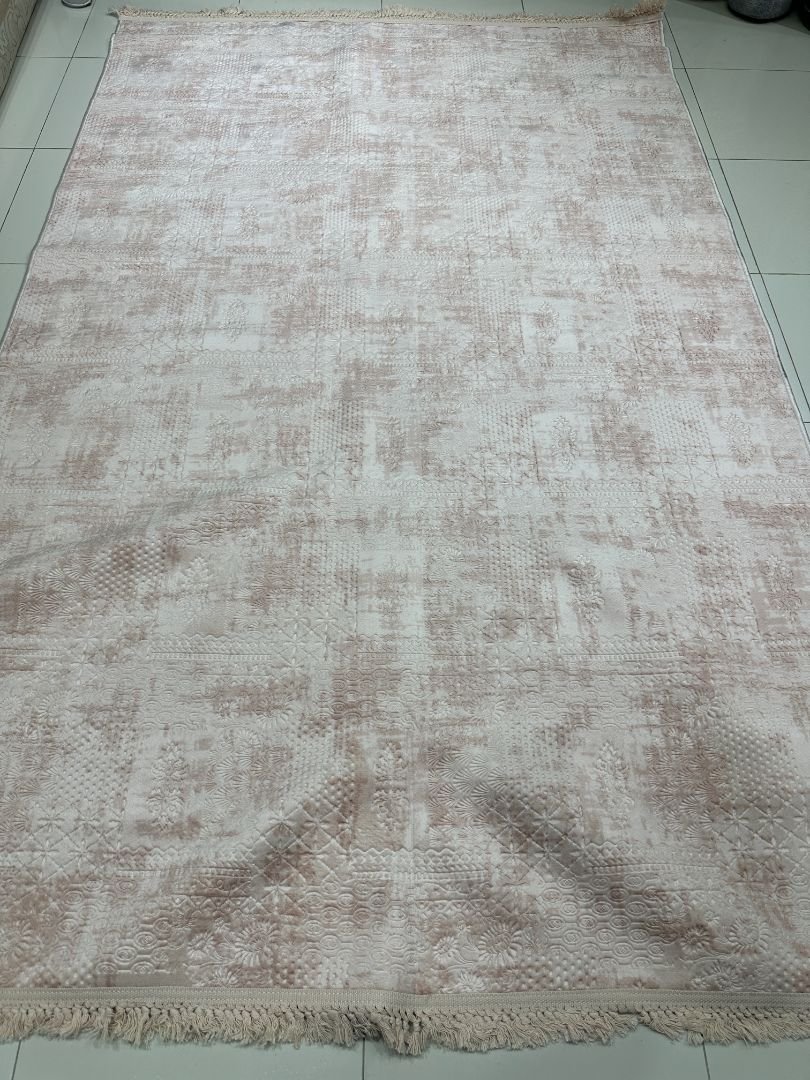 Blush Heritage Turkish Patchwork Rug – Soft Pink & Ivory, 5 × 7.5 ft | Lightweight 6–7mm No-Pile Anti-Slip Carpet