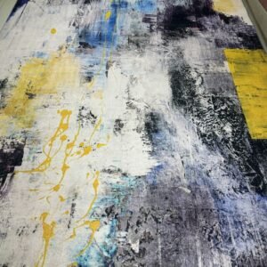 Azure Gold Canvas Abstract China Rug – Blue, Grey & Mustard, 6.5 × 9.5 ft | Soft 10mm Polyester Carpet