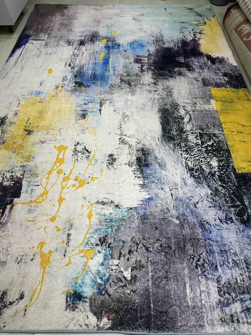 Azure Gold Canvas Abstract China Rug – Blue, Grey & Mustard, 6.5 × 9.5 ft | Soft 10mm Polyester Carpet