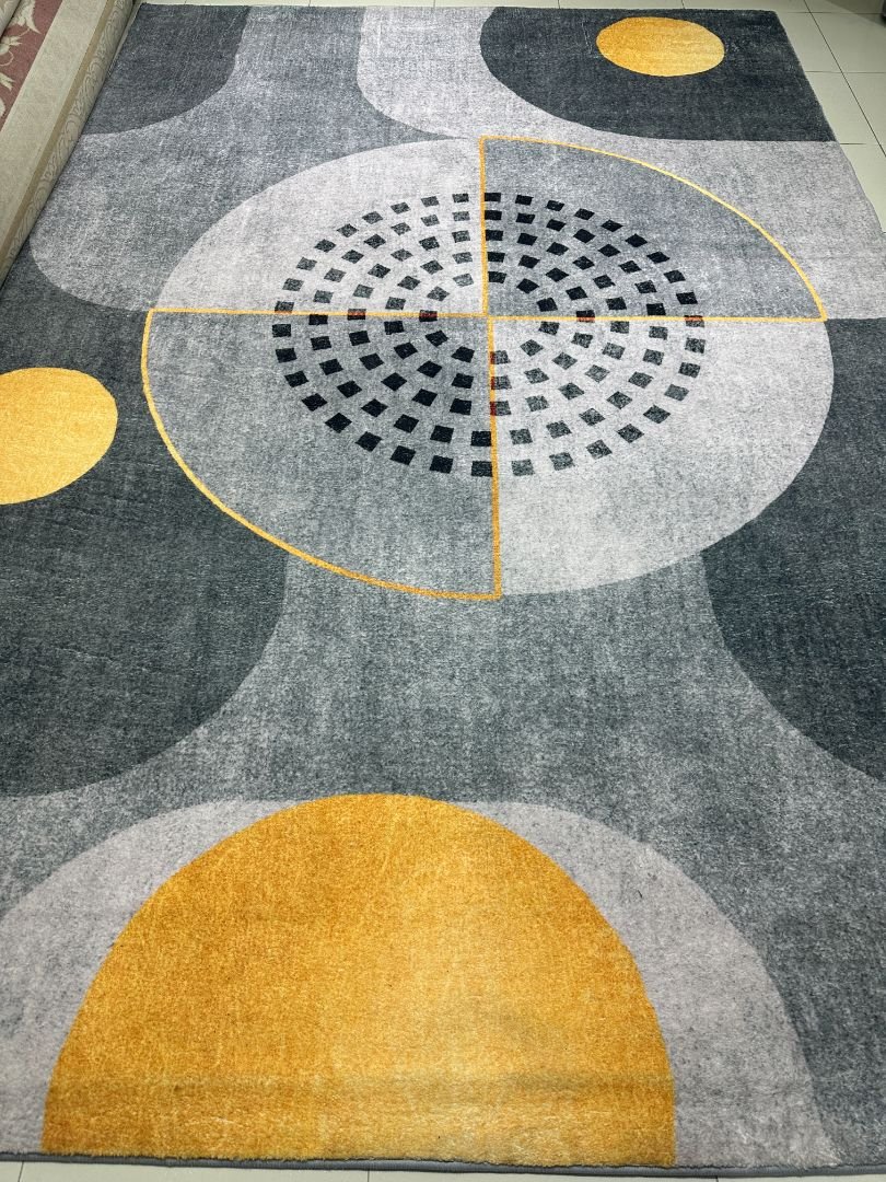 Golden Radius Modern Geometric China Rug – Grey, Charcoal & Mustard, 6.5 × 9.5 ft | Soft 10mm Polyester Carpet